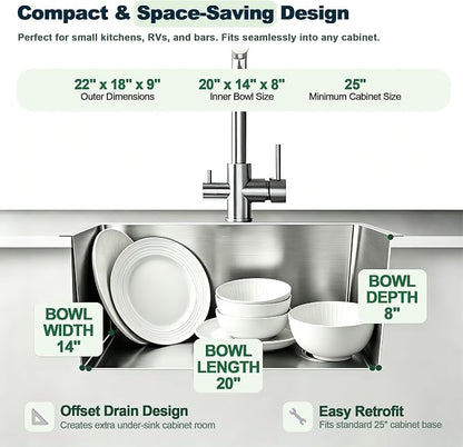 Kitchen Sink, 22 x 18 Inch Drop in Sink, 304 Stainless Steel | Centre-Offset Drain, 9" Deep Single Bowl, Topmount Installation, Brushed(Inclued Drain Strainer & Bottom Grid)