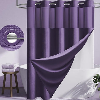 Purple Hook Free Waffle Shower Curtain & Snap Fabric Liner,72x81 | Less Time to install, 3 in 1 Fabric Shower Curtain and Liner Set with Magnets, Long, Shower Curtains for Bathroom