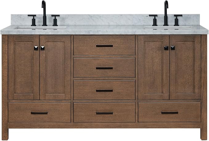 ARIEL Cambridge 66-inch Bathroom Vanity with Sink,Solid Wood, 1.5-inch Italian Carrara Marble Countertop, Double Rectangular Porcelain Sink, 4 Soft Closing Doors, 6 Dovetail Drawers, Brown Oak