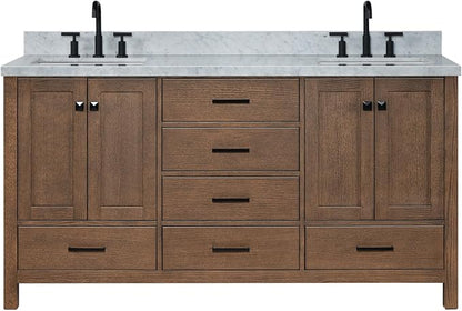 ARIEL Cambridge 66-inch Bathroom Vanity with Sink,Solid Wood, 1.5-inch Italian Carrara Marble Countertop, Double Rectangular Porcelain Sink, 4 Soft Closing Doors, 6 Dovetail Drawers, Brown Oak