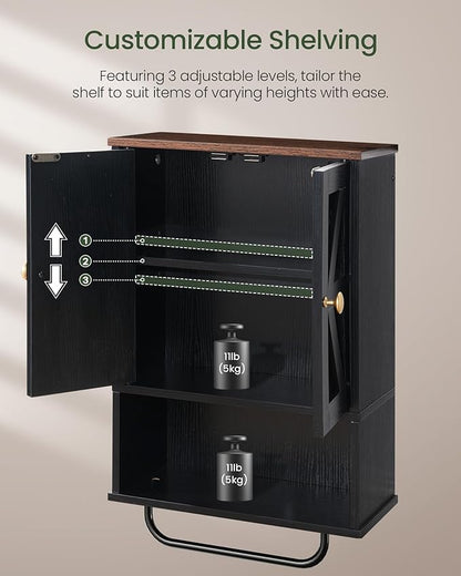 Bathroom Wall Cabinet, Medicine Cabinet with Open Partition and Towel Bar, Rustic Storage Cabinet with Open and Hidden Storage Space, for Bathroom, Living Room, Kitchen, Black and Walnut