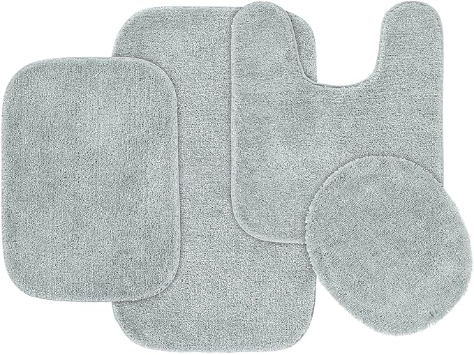 Garland Rug Traditional Nylon Washable Platinum Gray 4 Piece Set - Lid, Contour, 2 Bath Rugs - Soft, Absorbent, and Stylish for Your Bathroom