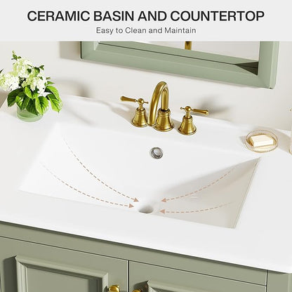 Tribesigns 30" Modern Bathroom Vanity with Sink, Freestanding Bathroom Vanities Cabinet with Ceramic Basin Combo, Bathroom Sink Cabinet with 2 Doors and 1 Drawer, Solid Wooden Frame, Olive Green