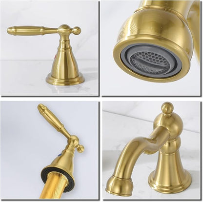 RKF Bathroom Faucets for Sink 3 Hole Gold 8 inch Widespread Bathroom Sink Faucet with Drain Double Lever Handle Faucet Bathroom Vanity Faucet Basin Mixer Tap WF013-BG