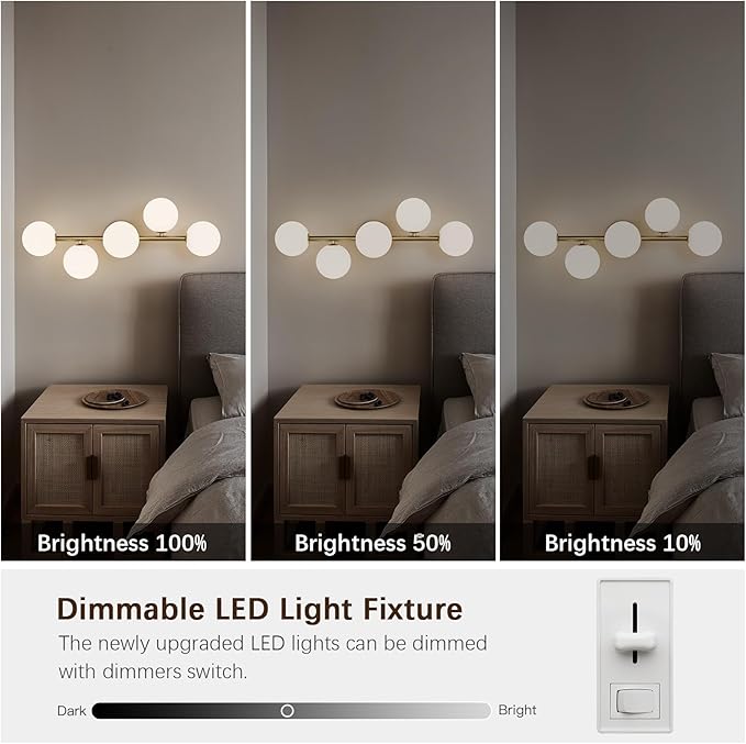 Bathroom Light Fixtures, Brushed Gold Bathroom Vanity Light Over Mirror with Milk White Glass Shades, Dimmable LED Wall Sconces for Hallway, Entryway, Living Room, Bedside, Staircase