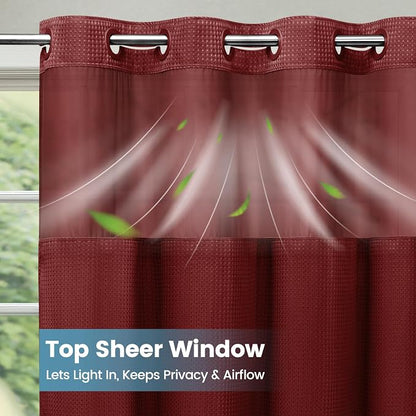 SORTTO No Hook Shower Curtain with Snap in Liner Set Waffle Shower Curtain for Bathroom Hotel Style Fabric Waterproof Inner Liner，71" W x 74" H, Burgundy
