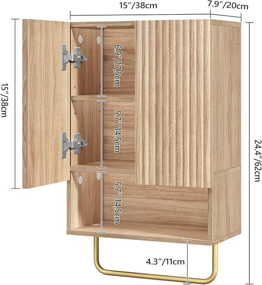Bathroom Wall Cabinet, Wall Mounted Medicine Cabinets with Towel Bar & Adjustable Shelf, Over The Toilet Space Saver Storage Cabinet with 2 Doors, for Bathroom Laundry Room Kitchen, Natural