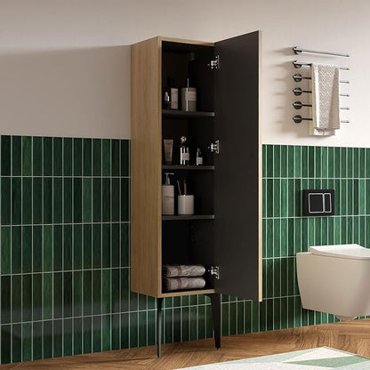 60" Bathroom Vanity with Double Sink and Side Cabinet Combo Set, Modern Double Ceramic Vessel Sink Bathroom Vanity with Soft-Close Drawers & Doors, Engineered Stone Countertop, Natural Oak