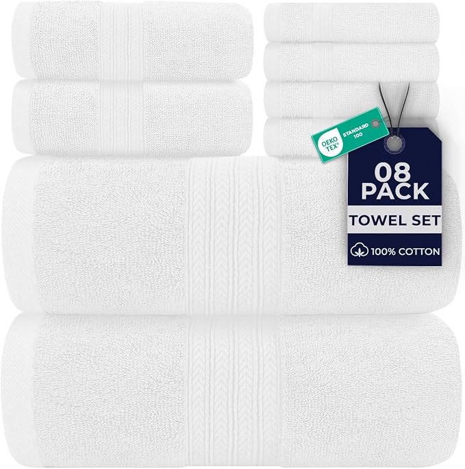 DAN RIVER 8 Piece Luxury Bath Towels for Bathroom, Towel Set, White | 2 Bath towels, 2 Hand towels, and 4 Wash Cloths, 600 GSM 100% Ring Spun Cotton, Highly Absorbent, Gym, Hotel, guest, and Spa