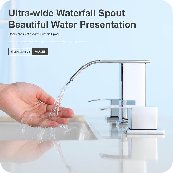8 Inch Waterfall Bathroom Faucets for Sink 3 Hole - Chrome Bathroom Faucet with Pop-up Drain, Widespread Bathroom Sink Faucet 2-Handles, Patent No. : US D967,340 S
