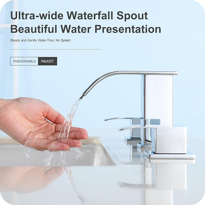 8 Inch Waterfall Bathroom Faucets for Sink 3 Hole - Chrome Bathroom Faucet with Pop-up Drain, Widespread Bathroom Sink Faucet 2-Handles, Patent No. : US D967,340 S