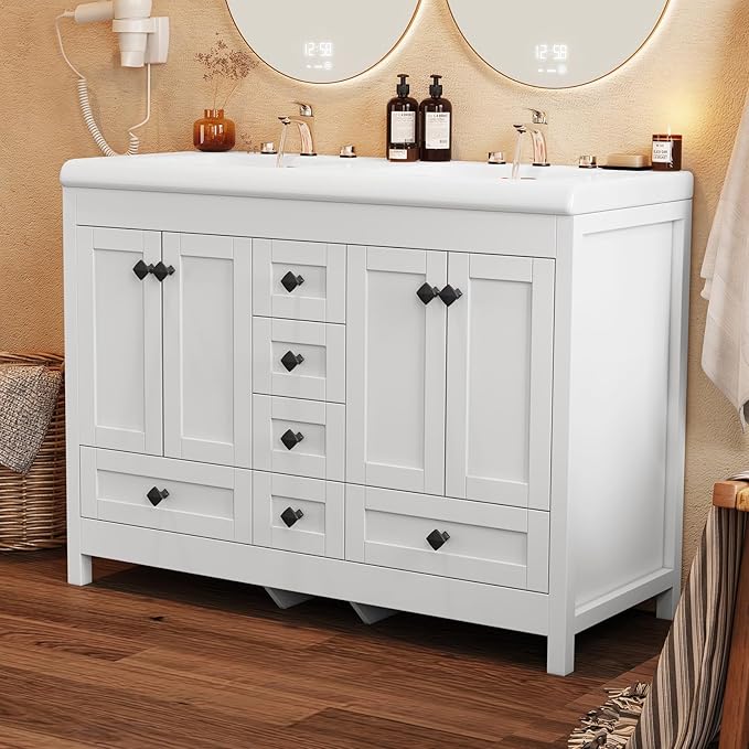 48" Bathroom Vanity with Double Sink, 47.3" W x 19.7" D x 35.4" H Modern Double Bathroom Vanity Cabinet with 2 Doors & 6 Drawers, Solid Wood Frame White Vanity Set with Ceramic Sinks