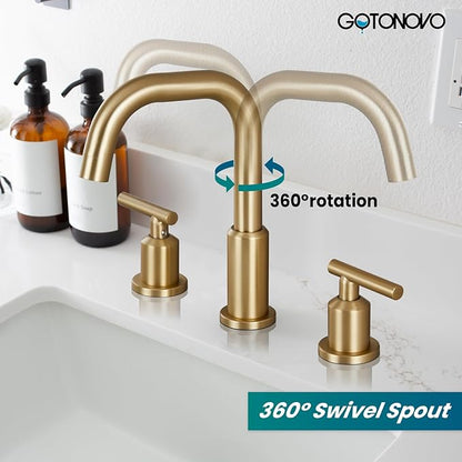 gotonovo 8 Inch Widespread Bathroom Sink Faucet 3 Hole 2 Handles Lavatory Basin with Pop Up Drain with Hot and Cold Mixer Valves Vintage Brushed Gold