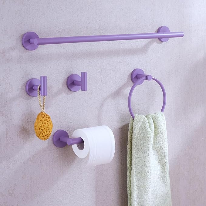 Bathroom Hardware Set,Purple 5 Pieces Bathroom Towel Bar Set,24 inch Towel Bar,Towel Ring for Bathroom,Robe Towel Hooks,Toilet Paper Holder Wall Mounted(Drilling),SE96006S-5PP