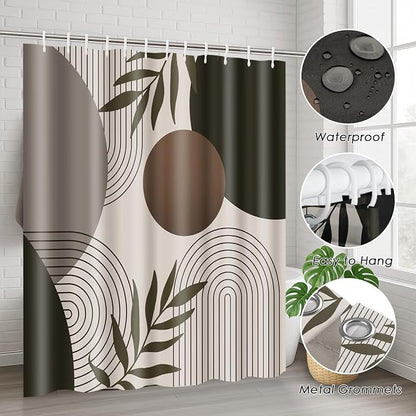 Bathroom Sets with Shower Curtain and Rugs, 4 Pcs, Minimalist Leaf | Boho Mid Century Geometric Bathroom Decor Set with Toilet Lid Cover, Non-Slip Bath Mats and Accessories 12 Hooks