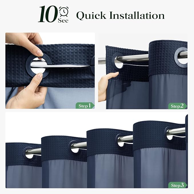 Navy Blue Hook Free Waffle Shower Curtain & Snap-in Liner,72x81 | Less Time to install, 3 in 1 Fabric Shower Curtain and Liner Set with Magnets, Long, Shower Curtains for Bathroom