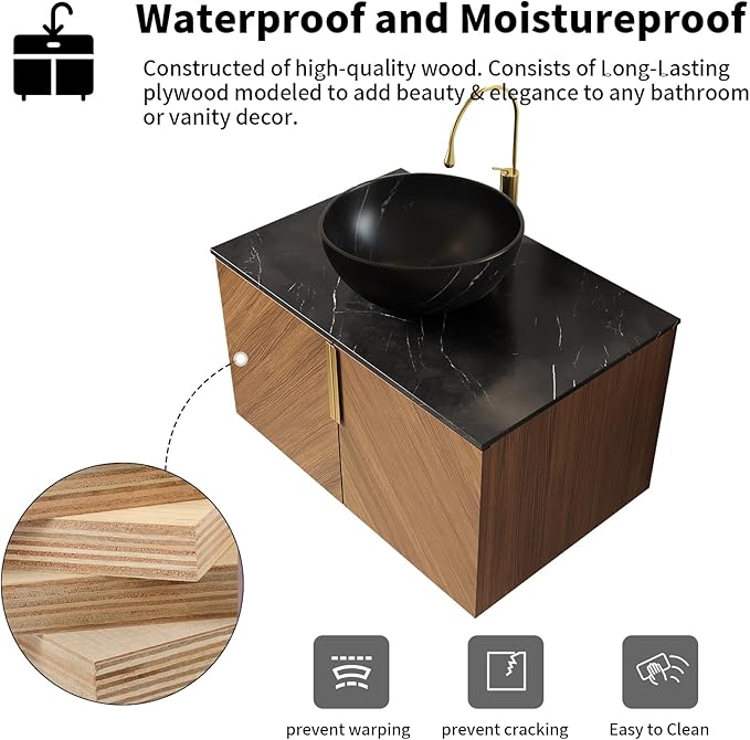 LKTART 30 Inch Bathroom Vanity with Sink, Modern Wall Mounted Bathroom Sink with 2 Doors, Black Sintered Stone Countertop and Gray-Black Bowl Ceramic Basin, Brown