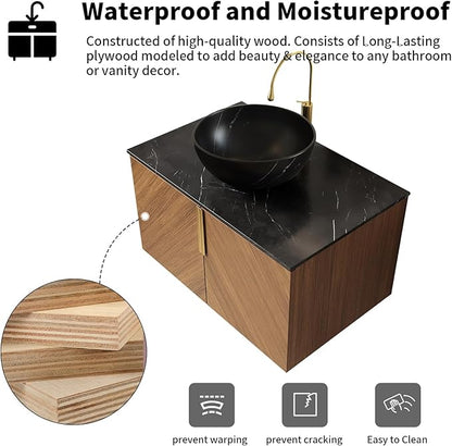 LKTART 30 Inch Bathroom Vanity with Sink, Modern Wall Mounted Bathroom Sink with 2 Doors, Black Sintered Stone Countertop and Gray-Black Bowl Ceramic Basin, Brown