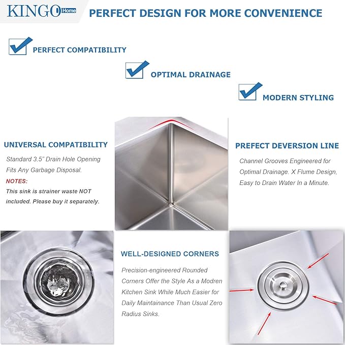 KINGO HOME 33 x 22 Inch Drop in Stainless Steel Kitchen Sink, Single Bowl 16 Gauge Top mount Sink Commercial Handmade 9 Inch Deep Kitchen Sinks Workstation Single Basin Brushed Satin Nickel