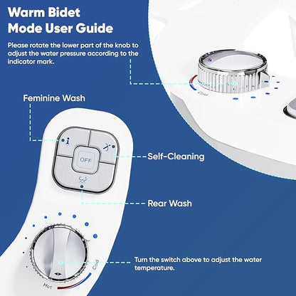 Hot and Cold Bidet, Warm Water Bidet Attachment for Toliet, Non-Electric Warm Bidet with Adjustable Water Pressure, Dual nozzle Rear and Feminine Wash - Self cleaning (Silver)