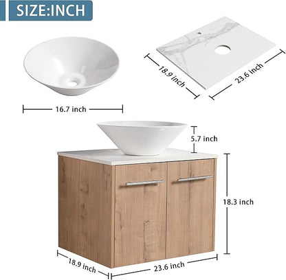24" Floating Vanity with Sink, 24 Inch Bathroom Vanity with Sink, Modern Plywood Floating Cabinet with Sintered Stone Countertop and White Ceramic Basin, Soft Close Doors