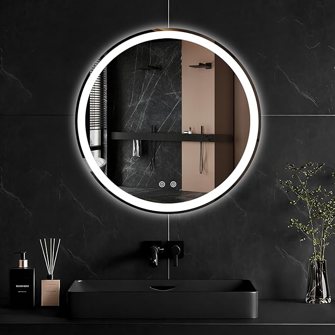 DUMOS 24 Inch Round LED Bathroom Mirror with Lights, Circle Vanity Mirror with Anti-Fog, Dimmable, 3-Color Light, Memory Function, Tempered Glass