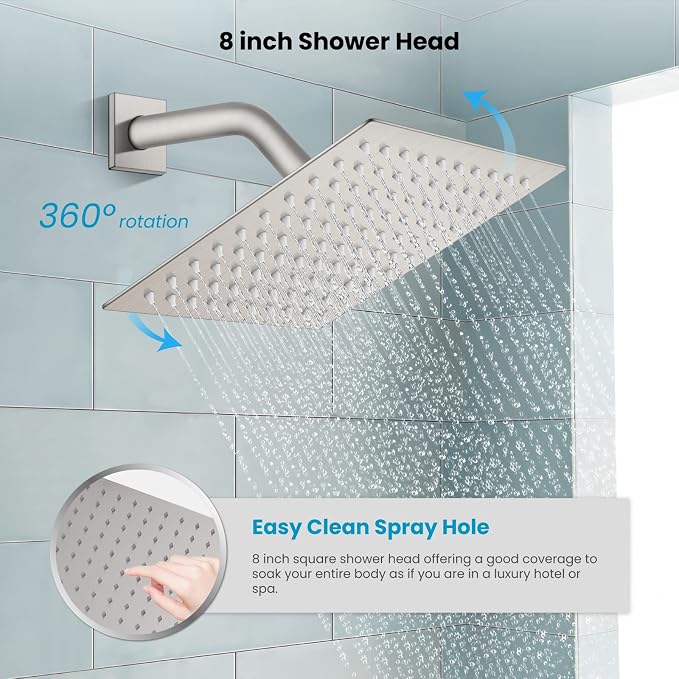 gotonovo Tub Shower Faucet Set with Valve Kit 8’’ Head,Brushed Nickel | Shower System with Tub Spout,SUS304 Rain Head with Handheld Sprayer,Swivel Spout,All Metal,Rough-In Valve Trim Kit,Wall Mount