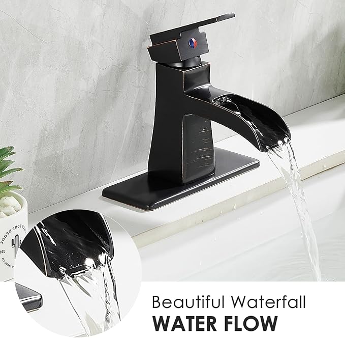 Oil-Rubbed Bronze Waterfall Bathroom Faucet, Sanliv Single Handle Centerset Bathroom Sink Faucet with Pop-Up Drain & Deck Plate for 1 or 3-Hole (4 inch) Installation, Bronze Vanity Faucet, ORB