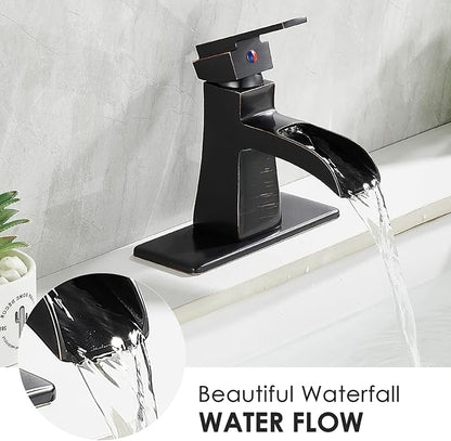 Oil-Rubbed Bronze Waterfall Bathroom Faucet, Sanliv Single Handle Centerset Bathroom Sink Faucet with Pop-Up Drain & Deck Plate for 1 or 3-Hole (4 inch) Installation, Bronze Vanity Faucet, ORB