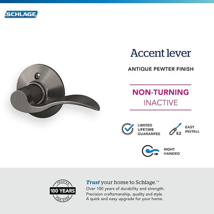 SCHLAGE Lock Company F170ACC620RH Acc 620 SCHLAGE F170 Rh SCHLAGE Decorative Dummy Door Lever, 2.72 in Projection X 4-1/8 in L, Long, Antique Pewter