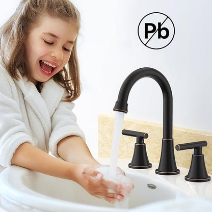 Bathroom Faucets for Sink 3 Hole, Hurran Oil Rubbed Bronze Bathroom Sink Faucet with Pop-up Drain and Supply Lines, Stainless Steel Lead-Free Widespread Faucet for Vanity RV, 2 Pack