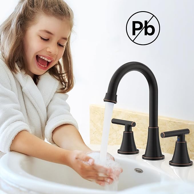 Bathroom Faucet 3 Hole, ORB Faucets with Pop-up Drain and Supply Lines | Hurran Stainless Steel Lead-Free Widespread Bathroom Sink Faucet for Vanity RV Restroom Laundry Outdoor Utility Sink