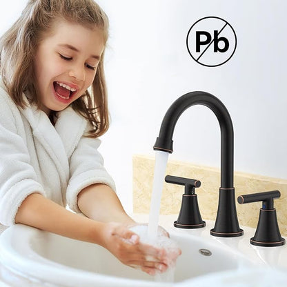 Bathroom Faucet 3 Hole, ORB Faucets with Pop-up Drain and Supply Lines | Hurran Stainless Steel Lead-Free Widespread Bathroom Sink Faucet for Vanity RV Restroom Laundry Outdoor Utility Sink