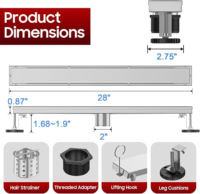 DLONE® Linear Shower Drain - 28 Inch Brushed Nickel, with Tile Insert Panel | AISI 304 Stainless Steel Linear Drain, Rectangle Shower Floor Drain, with Adjustable Feet, Fits Bathroom & Balcony etc
