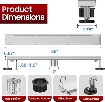 DLONE® Linear Shower Drain - 28 Inch Brushed Nickel, with Tile Insert Panel | AISI 304 Stainless Steel Linear Drain, Rectangle Shower Floor Drain, with Adjustable Feet, Fits Bathroom & Balcony etc