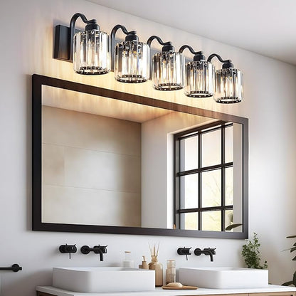 Crystal Vanity Light Black Bathroom Vanity Lighting Fixtures 5 Lights Modern Vanity Light for Bathroom with Crystal Round Shade (Exclude Bulb)