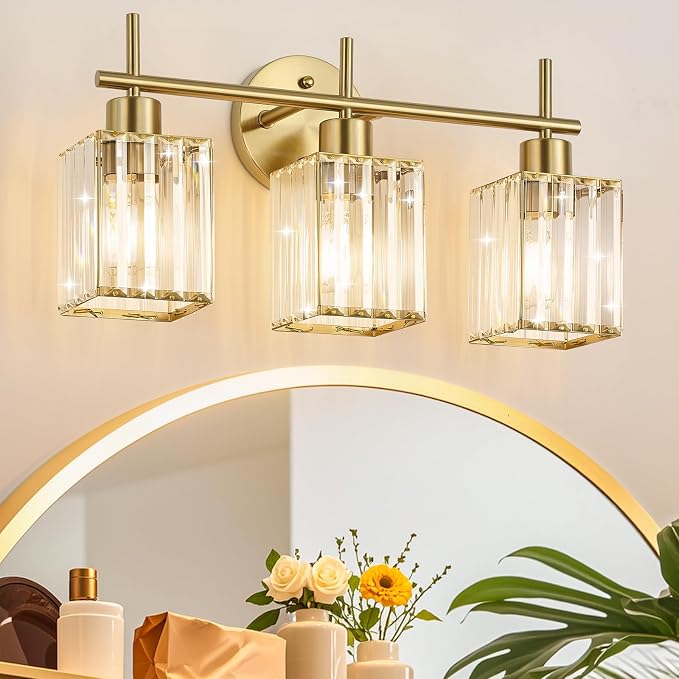 Brushed Gold Bathroom Light Fixtures, Square, 3-Light | Vanity Lights with Crystal Shades, Modern Bathroom Lighting Fixtures over Mirror (Bulbs Not Included, E26)