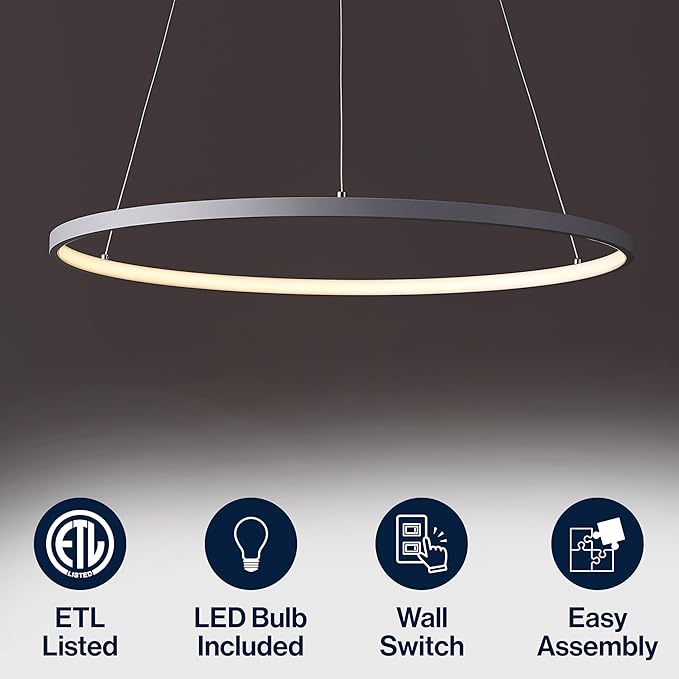 JONATHAN Y 23.75" Gray Modern Integrated LED Pendant Light, Dimmable Round Hoop Chandelier for Kitchen Island, Dining Room, Adjustable Height Metal Hanging Light (JYL7203E)