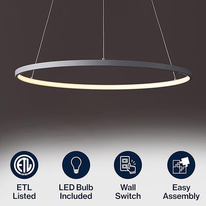 JONATHAN Y 23.75" Gray Modern Integrated LED Pendant Light, Dimmable Round Hoop Chandelier for Kitchen Island, Dining Room, Adjustable Height Metal Hanging Light (JYL7203E)