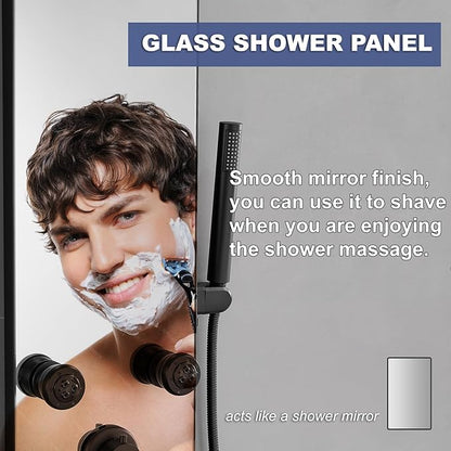 Shower Panel Tower System, 10" Adjustable Rainfall Shower, 8 Body Massage Jets, Glass Shower Panel, Wall Mounted