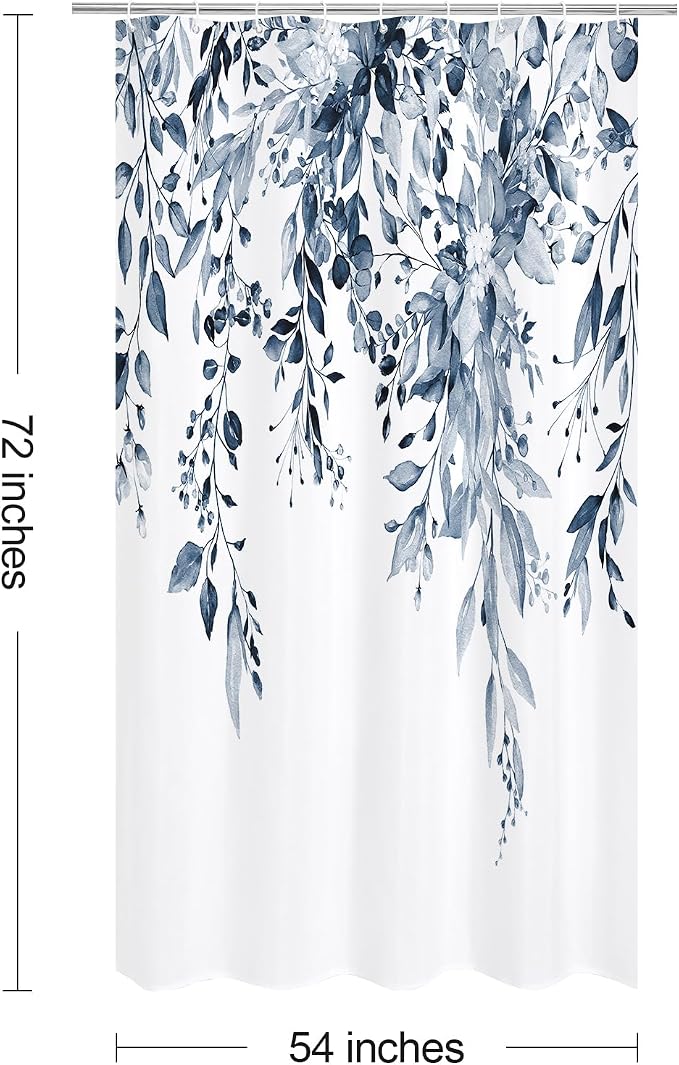 Navy Eucalyptus Shower Curtain, Watercolor Floral Print, 54x72 | Watercolor Plant Leaves Floral Print, Waterproof Fabric Bathroom Decor, Machine Washable, Rustproof Grommets