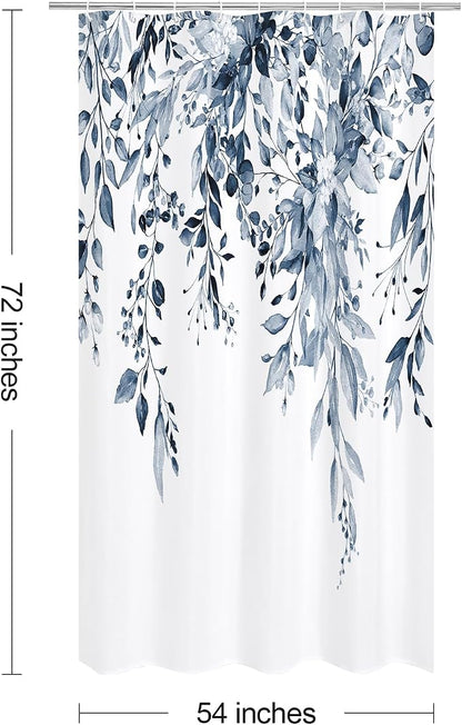 Navy Eucalyptus Shower Curtain, Watercolor Floral Print, 54x72 | Watercolor Plant Leaves Floral Print, Waterproof Fabric Bathroom Decor, Machine Washable, Rustproof Grommets