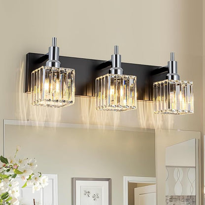 Chrome Bathroom Vanity Lights, Modern 3 Lights Crystal Bathroom Lighting Fixtures Over Mirror Black Chrome Wall Light with Square Shade