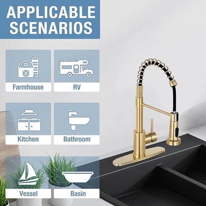 DJS Kitchen Faucets with Pull Down Sprayer Brushed Gold -Single Handle 1 or 3 Holes Spring Kitchen Sink Faucet with Deck Plate for Farmhouse RV Vessel Basin