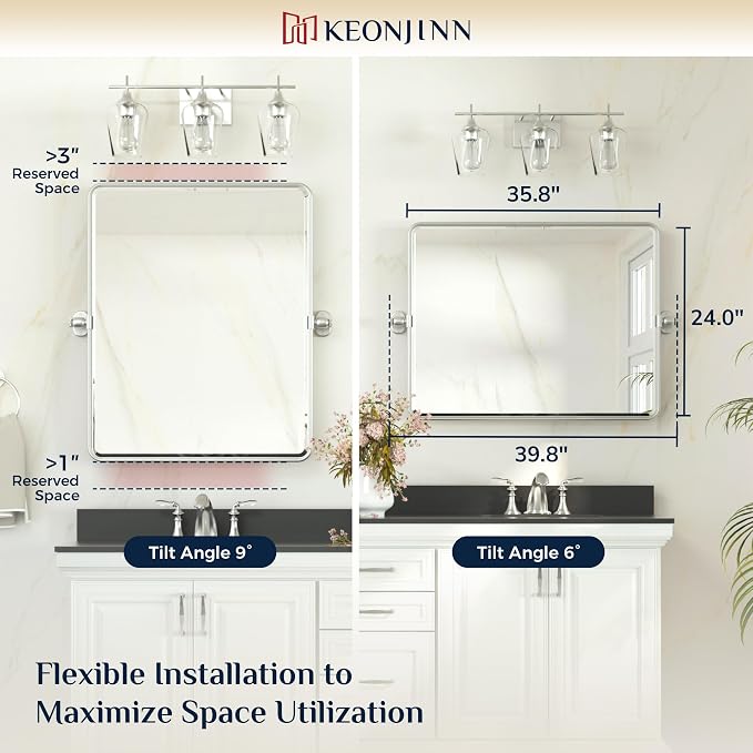 Keonjinn 24x36 Inch Brushed Nickel Povit Mirror for Bathroom, Tilt Mirror | Tenmpered Glass, Rectangle, Adjustable Bathroom Mirrors for Over Sink, Farmhouse, Metal Framed, Horizontal/Vertical