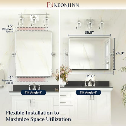 Keonjinn 24x36 Inch Brushed Nickel Povit Mirror for Bathroom, Tilt Mirror | Tenmpered Glass, Rectangle, Adjustable Bathroom Mirrors for Over Sink, Farmhouse, Metal Framed, Horizontal/Vertical
