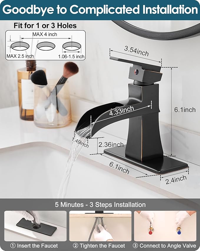 Bronze Bathroom Faucet 1 Hole or 3 Hole (4 Inch), Brass Waterfall Bathroom Faucets Single Handle, Farmhouse Faucet for Bathroom Sink with Deck Plate & Water Hoses, Not Equipped Pop-up Drain