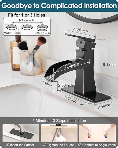 Bronze Bathroom Faucet 1 Hole or 3 Hole (4 Inch), Brass Waterfall Bathroom Faucets Single Handle, Farmhouse Faucet for Bathroom Sink with Deck Plate & Water Hoses, Not Equipped Pop-up Drain