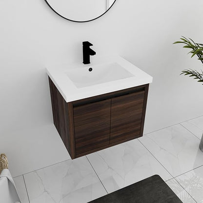 24 Inch Bathroom Vanity with Sink, Modern Floating Single Sink Bathroom Vanities Set, Wall-Mounted Bathroom Vanity, Soft Close Door (California Walnut, 18 * 24)
