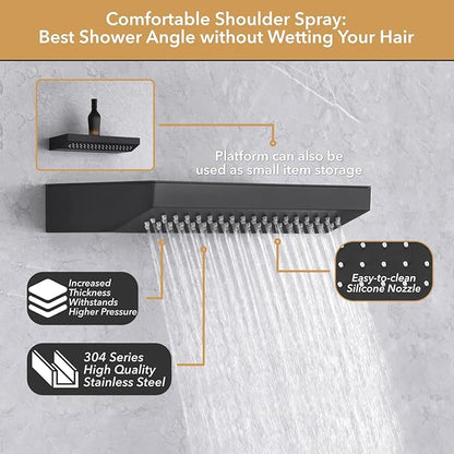 VANFOXLE Shower Faucet Set Matte Black Shower System,Shower Faucet with 2 in 1 Handheld,Ceiling Mount 19 Inch Shower Head+14 Inch Shoulder massager